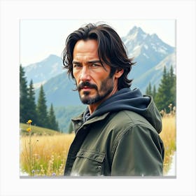 Watercolor Portrait Of Keanu Reeves In A Tranquil Mountain Landscape Canvas Print