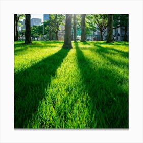 Bright Green Grass Under A Radiant Sun Swathed In Tokyo City Stands Out Against The Contrasting Sh (4) Canvas Print