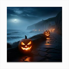 Ghostly Jack O Lanterns Glowing Eerily Beside A Winding Coastal Path Mist Hovering Over The Ocean (5) Canvas Print