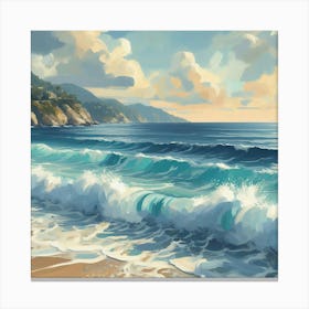 Beach And Waves, Acrylic Painting Style Canvas Print