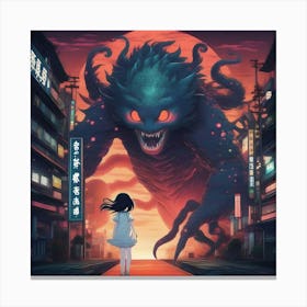 Girl and a Monster in The City Canvas Print