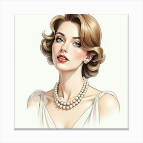 French Woman With A Pearl Necklace In Watercolor, Classic And Refined Elegance 1 Canvas Print