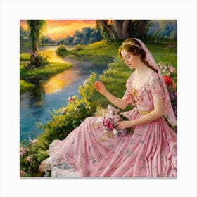 Sunset Serenity Woman By The River In A Pink Dress (2) Canvas Print