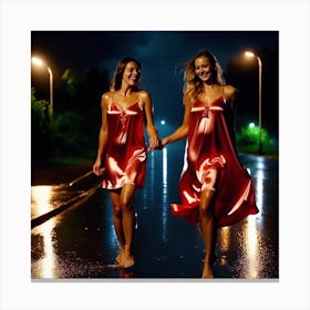 Two Women Walking In The Rain Canvas Print