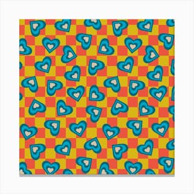 LOVE HEARTS CHECKERBOARD Tossed Retro Alt Valentines in Teal Blue Cream on Orange Yellow Geometric Grid Canvas Print