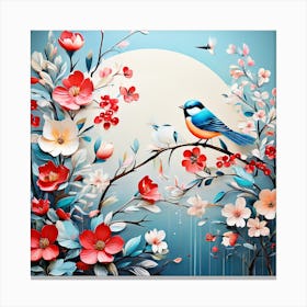 Bird On A Branch A Bright-Toned Design With Flowers And Leaves Trees And Birds A Beautiful And Simple Picture Wall art Canvas Print