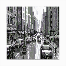 Pixel Art, Design An Artwork Of A Bustling City Street In The Rain Canvas Print