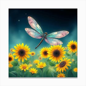 A Whimsical Dragonfly With Wings Made Of Flower Petals Hovering Near A Meadow Of Glowing Sunflowers 1 Canvas Print