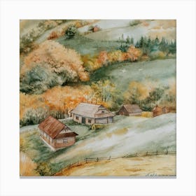 Watercolor Landscape Kiss Of Autumn Square Canvas Print