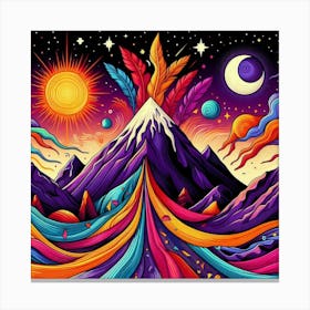 A Mountain With Colorful Streaks Of Ribbon With Purple Feathers Sun And Moon And Star In A Volcano Of Red Flames 4 Canvas Print