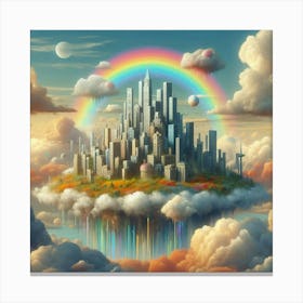 Floating City Made Of Clouds And Rainbows (3) Canvas Print