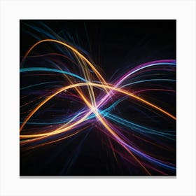 A dynamic and energetic abstract composition of glowing light trails in neon colors, swirling and overlapping in a dark background. The image should convey speed, energy, and a sense of modernity. Canvas Print