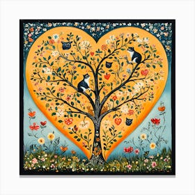 Folk Art Heart Tree Cat Climbing Artwork Canvas Print