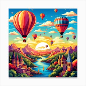 Hot Air Balloons In The Sky, Hot Air Balloon Adventures A Whimsical Pattern With Colorful Hot Air Balloons Floating Over Landmark 2 Canvas Print