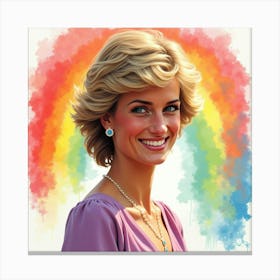 Vibrant Rainbow Watercolor Background, Princess Diana Smiling In Soft Light Canvas Print