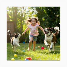 Young Girl Playing With Dogs Canvas Print