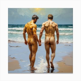 Two Gay Love Nude Men On The Beach, nice butts Canvas Print