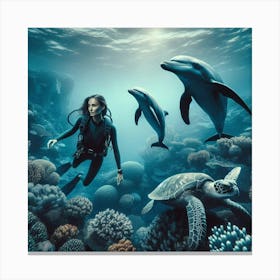 Swimming With Dolphins And A Turtle Canvas Print