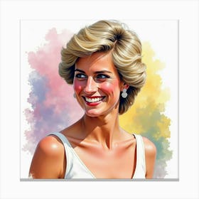 Smiling Princess Diana, Watercolor Strokes And Colorful Backdrop 1 Canvas Print