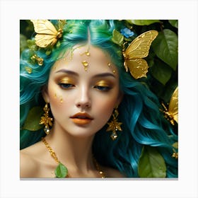 Beautiful Young Woman With Blue Hair And Gold Butterflies Canvas Print