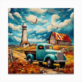 Blue Truck And Lighthouse Canvas Print