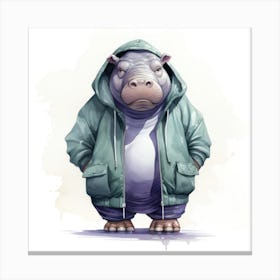 Watercolour Cartoon Hippopotamus In A Hoodie 2 Canvas Print