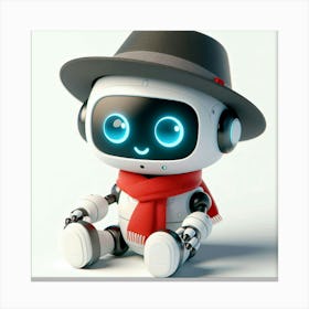 A cute and adorable robot wearing a hat and scarf sits on a white background, looking up with its big, blue eyes full of curiosity and wonder Canvas Print