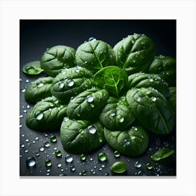 Water Droplets On Spinach Leaves Canvas Print