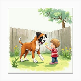 Friendly Boxer Dog And A Child Playing In A Watercolor Yard 1 Canvas Print