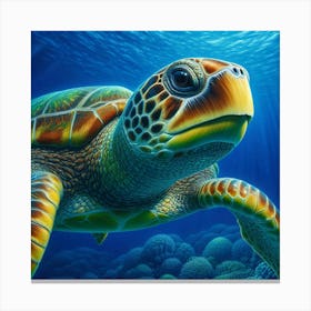 A closeup of a beautiful sea turtle, with a colorful shell and gentle expression in its eyes, glides gracefully through the deep blue ocean, surrounded by vibrant coral reefs and exotic marine life. Canvas Print