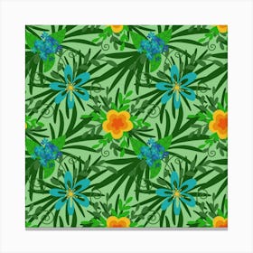Tropical Leaves And Blue Flowers, Pattern Canvas Print