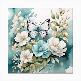 Watercolor Of Flowers And Butterflies 1 Canvas Print