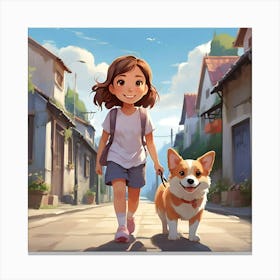 Girl Walking Her Dog Canvas Print