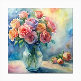 Watercolor Roses In A Vase Canvas Print