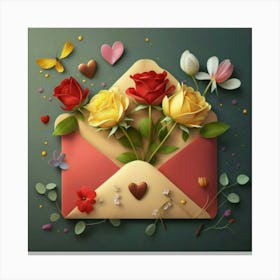 An open red and yellow letter envelope with flowers inside and little hearts outside 2 Canvas Print