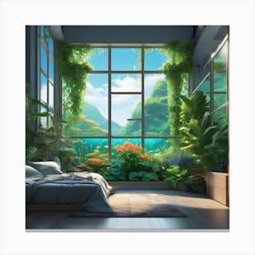 Anime Bedroom Full Of Plants With Giant Window Looking Out Underwater 2 Canvas Print