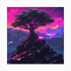 Single Tree On Top Of The Mountain Neon Ambiance Abstract Black Oil Gear Mecha Detailed Acrylic (2) Canvas Print