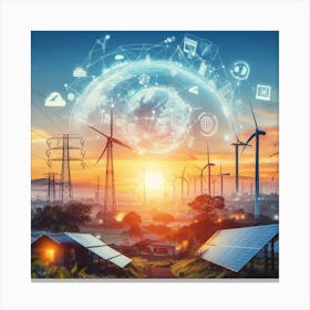 Sunset With Wind Turbines And Solar Panels Canvas Print