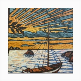 Oil painting of a boat in a body of water, woodcut, inspired by Gustav Baumann 10 Canvas Print