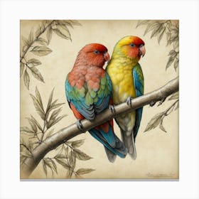 Two Parrots On A Branch Canvas Print