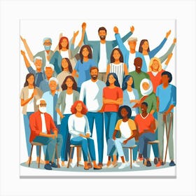A group of diverse people of all ages and ethnicities are sitting and standing together in a semi-circle, with some people sitting on chairs in front and others standing behind them. The people are all smiling and looking at the viewer. The background is white. The artwork is in a cartoon style. Canvas Print