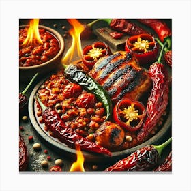 A Close Up Of Fiery Chili Infused Dishes, Featurin Canvas Print