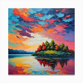 Sunset On The Lake , Celestial Canvas: Autumn Island Amidst Reflective Lake Waters wall art Canvas Print