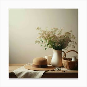 A beautiful still life image of a table with a straw hat, a vase of flowers, a basket, and some other objects on it. The table is covered with a white cloth. The background is a light beige color. The image has a warm and inviting atmosphere. Canvas Print