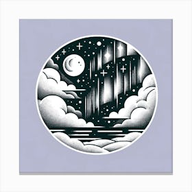 "Monochromatic Moonlight Serenade"  'Monochromatic Moonlight Serenade' captures the tranquil essence of a night sky, depicted in a circular frame that focuses the viewer’s gaze on a stylized celestial dance. This artwork, rendered in a classic monochrome palette, utilizes the contrast of light and dark to depict the luminosity of the moon and stars amidst the soft textures of clouds and the falling night rain. Perfect for those who appreciate the quiet beauty of the night and the soothing simplicity of black and white art, this piece brings a sense of peace and contemplation to any space. Canvas Print