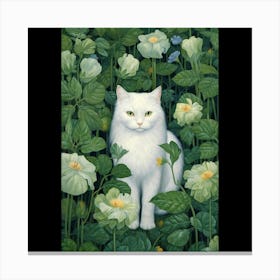 White Cat In Flowers Canvas Print