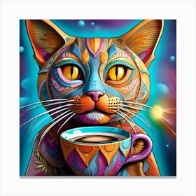 Cat With A Cup Of Coffee Whimsical Psychedelic Bohemian Enlightenment Print 10 Canvas Print