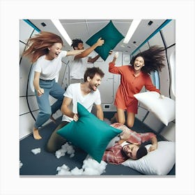 A Group Of Friends Having A Pillow Fight In Zero Gravity, Floating Around The Room And Laughing Hysterically Canvas Print