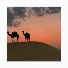 Silhouette Of Camels At Sunset Canvas Print