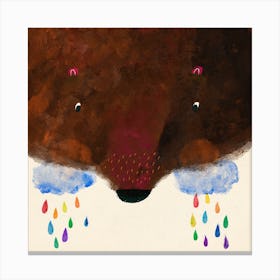 Bear Head With Rainbow Rain Drops Square Canvas Print